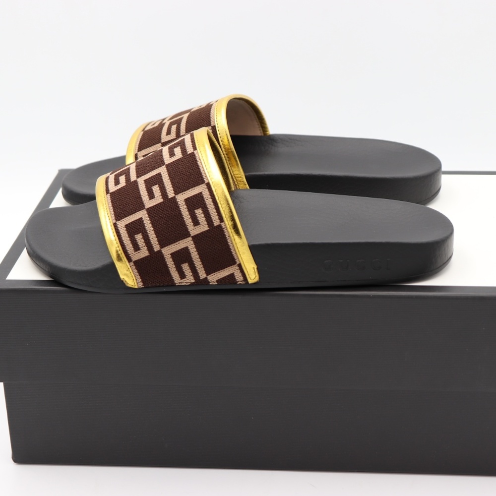 GUCCI Pursuit GG Knit Brown Gold Slide Sandals - Picture 6 of 8
